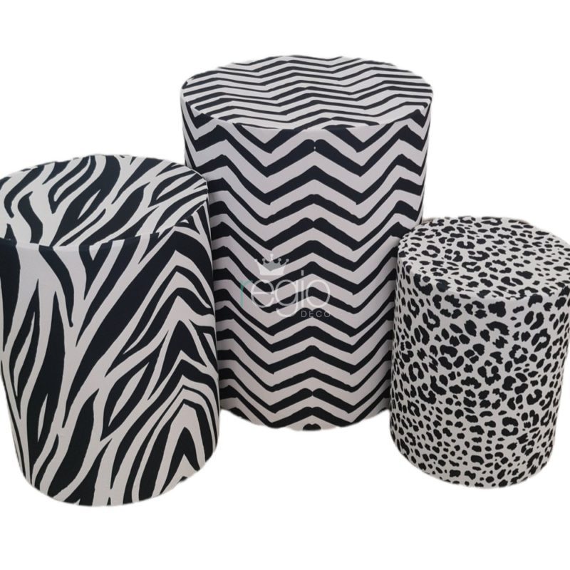Trío de cilindros forrados tema Safari negro y blanco